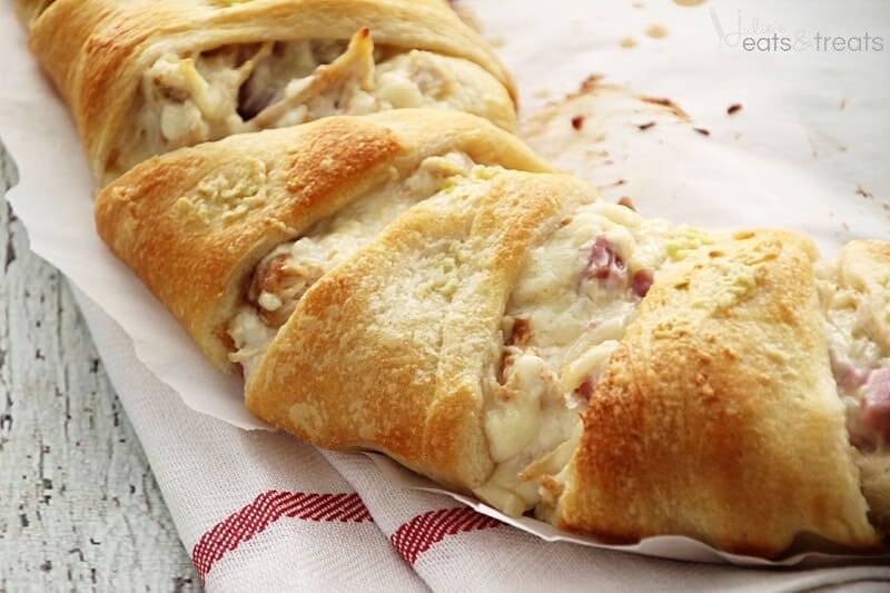 Cordon Bleu Crescent Ring ~ Flaky Crescent Rolls Stuffed with Swiss Cheese, Ham, Chicken and Topped with Garlic Butter! Quick & Easy Dinner!