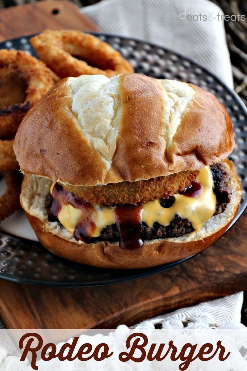 Rodeo Burgers ~ Freshly Grilled Hamburger Topped with Cheese, BBQ Sauce and an Onion Ring on a Pretzel Bun!