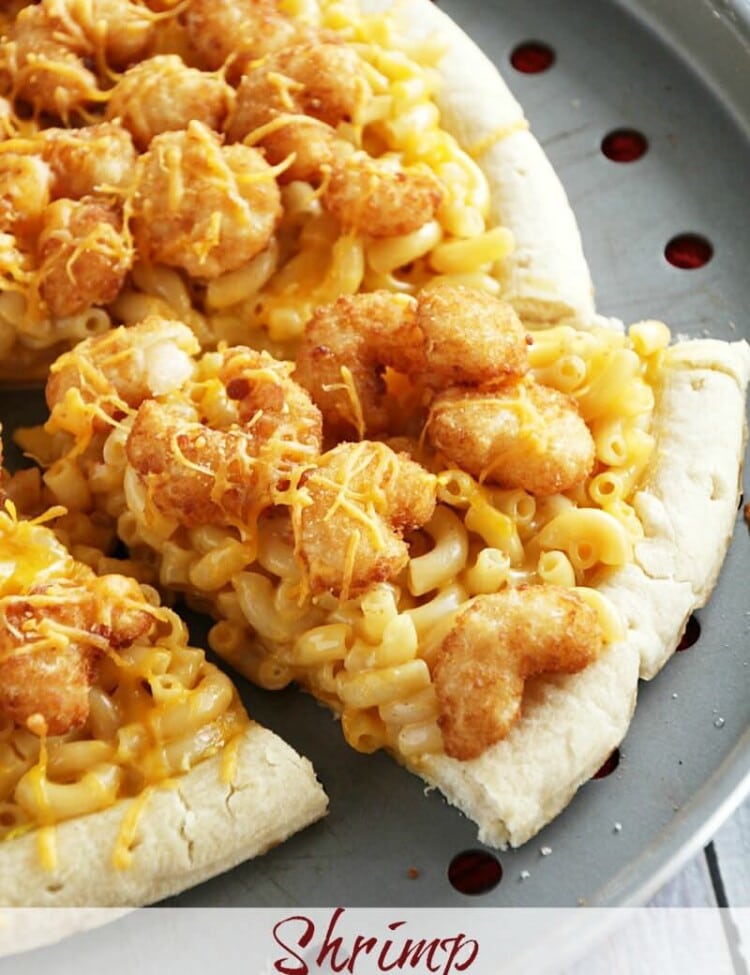 Shrimp Macaroni and Cheese Pizza ~ Easy & Delicious Cheesy Macaroni and Cheese on a Pizza Crust and Topped with Popcorn Shrimp!