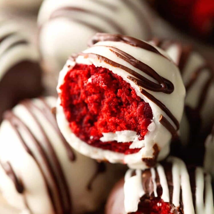 Red Velvet Cake Triffles - Quick and Easy! Treat yourself to these delicious Chocolate Bites filled with Red Velvet Cake!