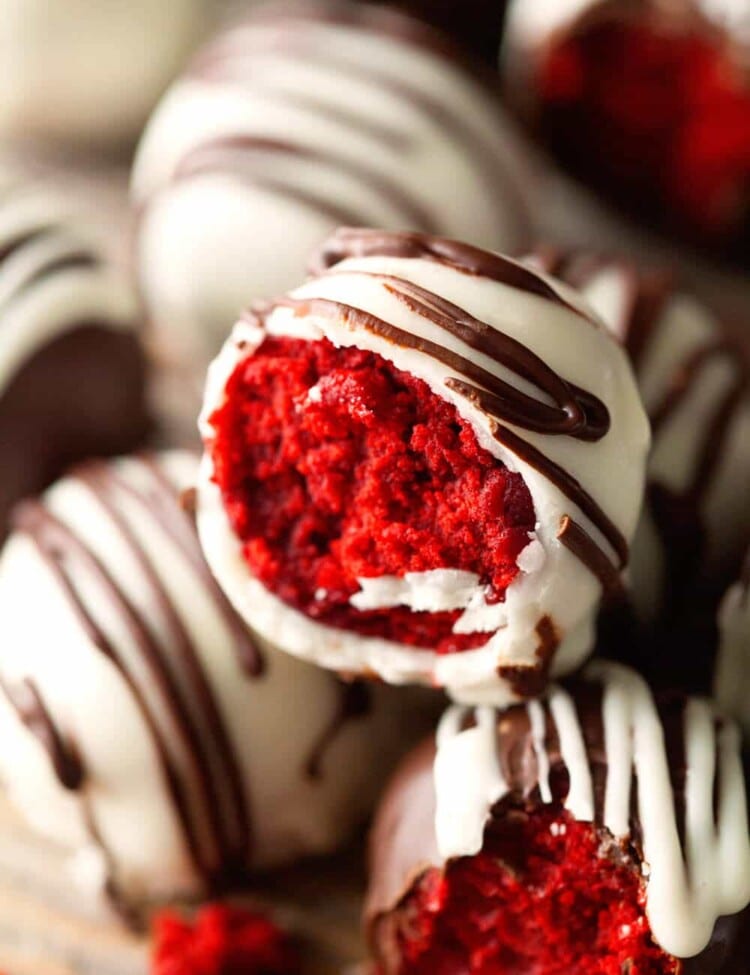 Red Velvet Cake Triffles - Quick and Easy! Treat yourself to these delicious Chocolate Bites filled with Red Velvet Cake!