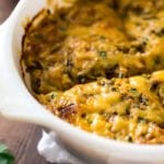 BBQ chicken zucchini noodle casserole in a white baking dish