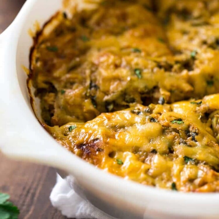 BBQ chicken zucchini noodle casserole in a white baking dish