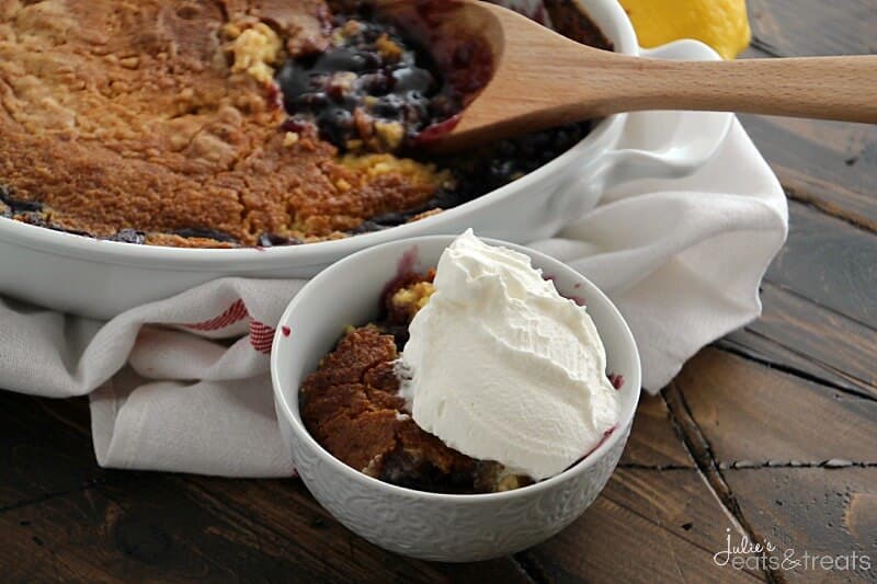 Lemon Blueberry Dump Cake ~ Quick & Easy Dessert Loaded with Blueberry Pie Filling and topped with Lemon Cake! Only Three Ingredients!