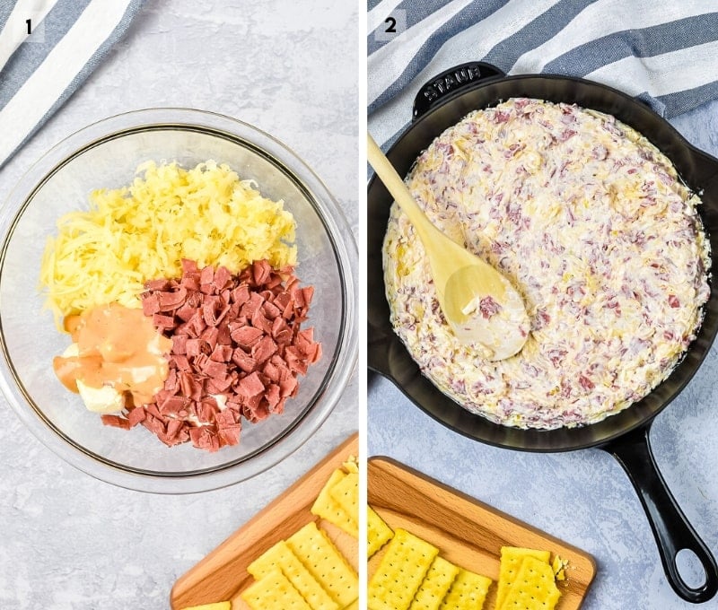 Two picture collage first photo showing ingredient sin bowl and the second showing mixed pan in cast iron skillet