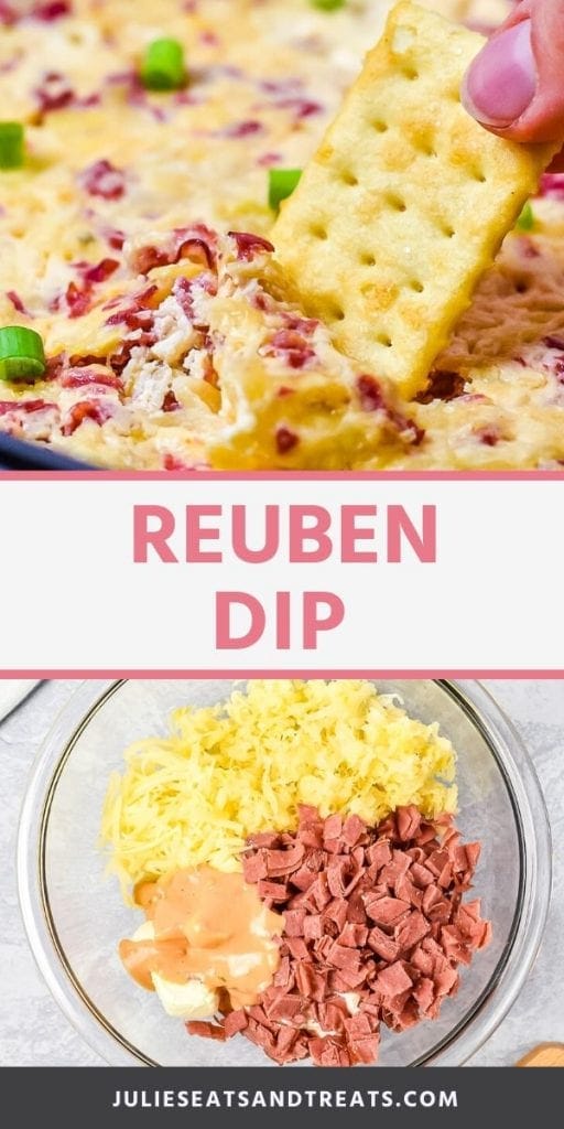 Pin Collage of Reuben Dip. Top image of a hand dipping a cracker into reuben dip, bottom image of unmixed ingredients in a glass bowl