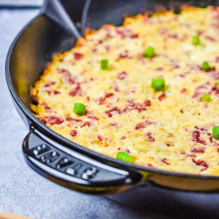 Cast Iron skillet with baked reuben dip