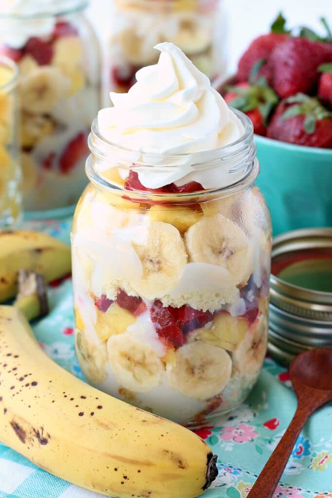 Banana Split Dessert Trifle in Mason Jar with Whipped Topping