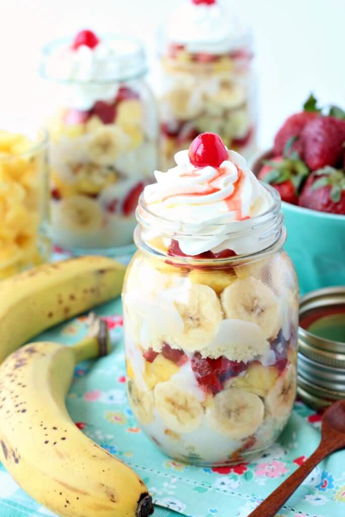 Mason Jar with Banana Split Trifle Dessert