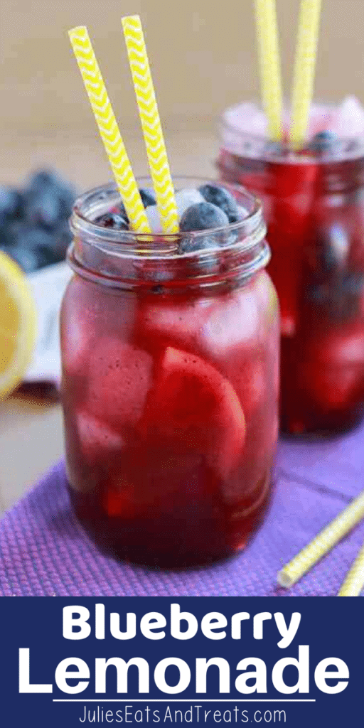 Blueberry Lemonade in glass mason jars with straws, blueberries, and lemon slices