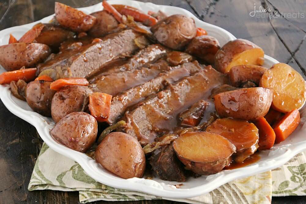 Crock Pot BBQ Brisket ~ Delicious, Slow Cooked Brisket with Onions, Carrots and Potatoes Smothered in a BBQ Sauce!