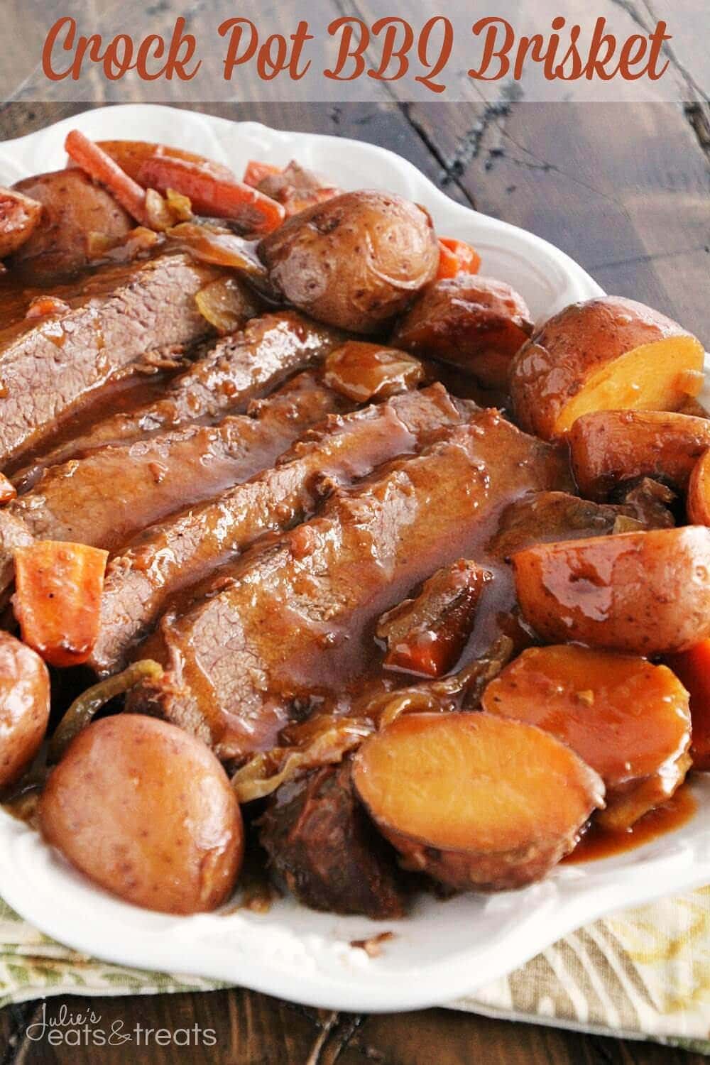 Crock Pot BBQ Brisket ~ Delicious, Slow Cooked Brisket with Onions, Carrots and Potatoes Smothered in a BBQ Sauce!