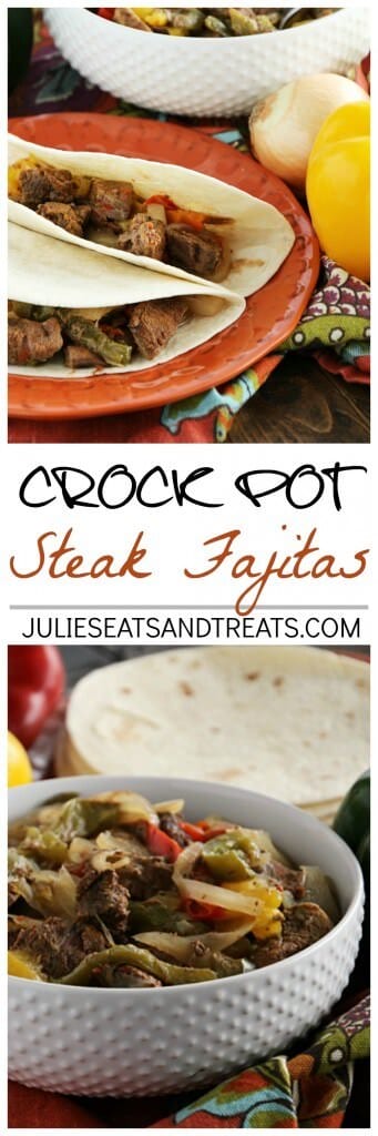 Crock Pot Steak Fajitas ~ Loaded with Steak, Red Peppers, Green Peppers, Yellow, Peppers, Onions and Spices! Piled High on a Tortilla Shell! The Perfect Quick, Easy Weeknight Recipe!