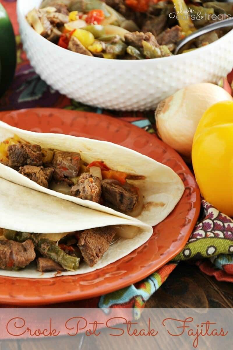 Crock Pot Steak Fajitas ~ Loaded with Steak, Red Peppers, Green Peppers, Yellow, Peppers, Onions and Spices! Piled High on a Tortilla Shell! The Perfect Quick, Easy Weeknight Recipe!