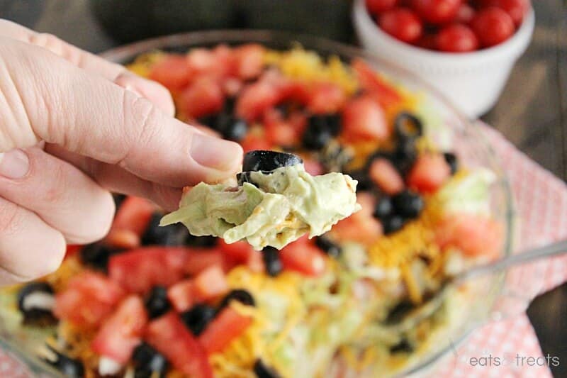 Loaded Guacamole Dip ~ Guacamole Piled High with Cheese, Salsa, Tomatoes, & Black Olives!