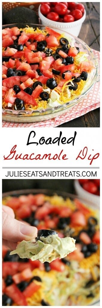 Loaded Guacamole Dip ~ Guacamole Piled High with Cheese, Salsa, Tomatoes, & Black Olives!