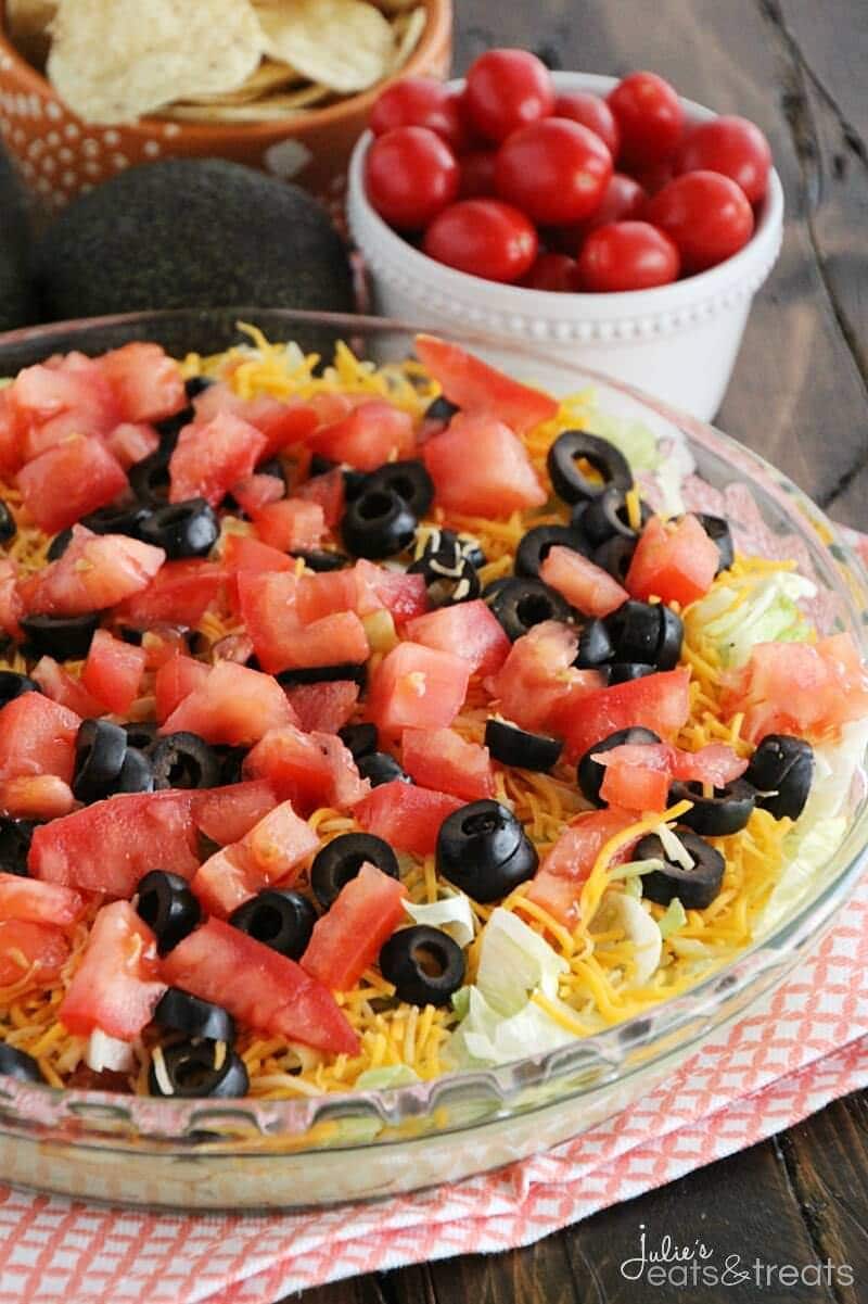 Loaded Guacamole Dip ~ Guacamole Piled High with Cheese, Salsa, Tomatoes, & Black Olives!