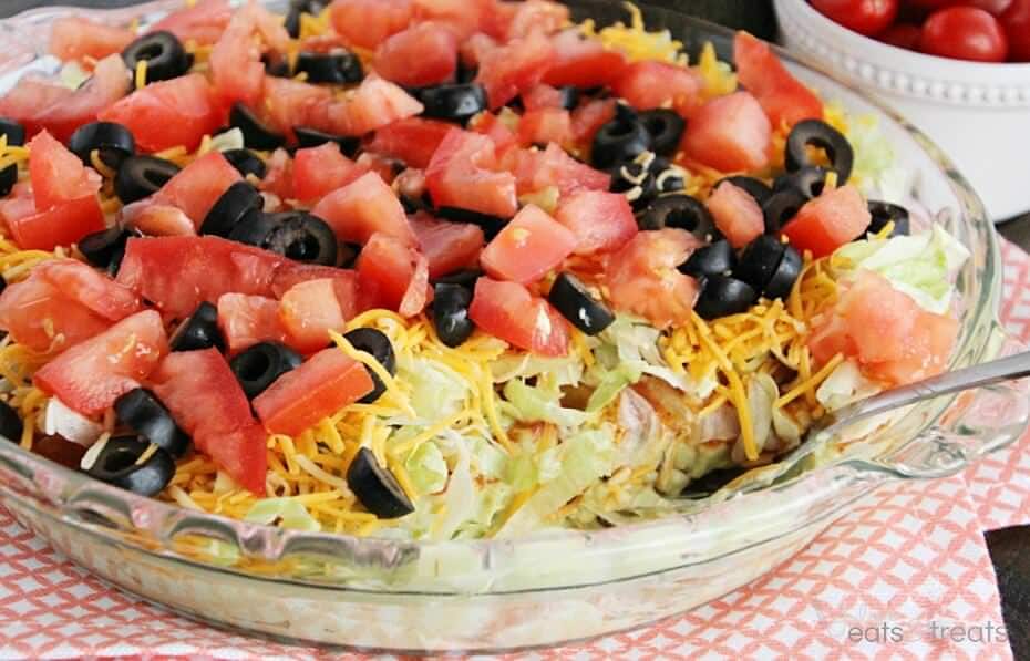 Loaded Guacamole Dip ~ Guacamole Piled High with Cheese, Salsa, Tomatoes, & Black Olives!