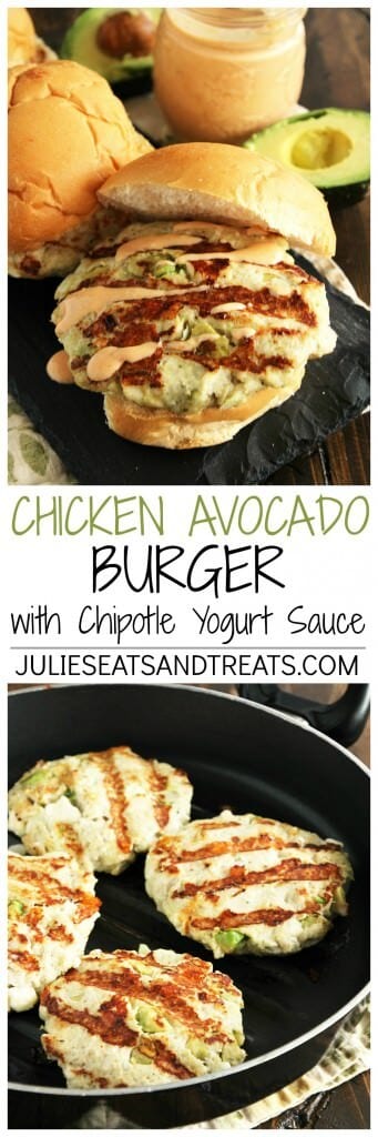 Chicken Avocado Burger with Chipotle Yogurt Sauce ~ Chicken Burger Stuffed with Avocado, Garlic, Feta Cheese and Drizzled with a Delicious Chipotle Yogurt Sauce!