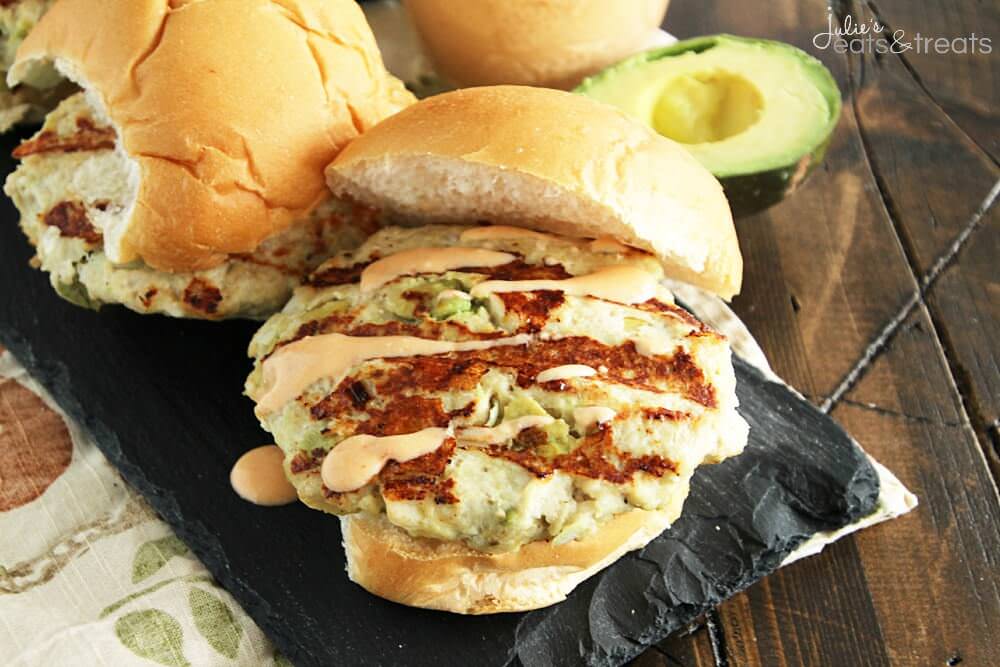 Chicken Avocado Burger with Chipotle Yogurt Sauce ~ Chicken Burger Stuffed with Avocado, Garlic, Feta Cheese and Drizzled with a Delicious Chipotle Yogurt Sauce!