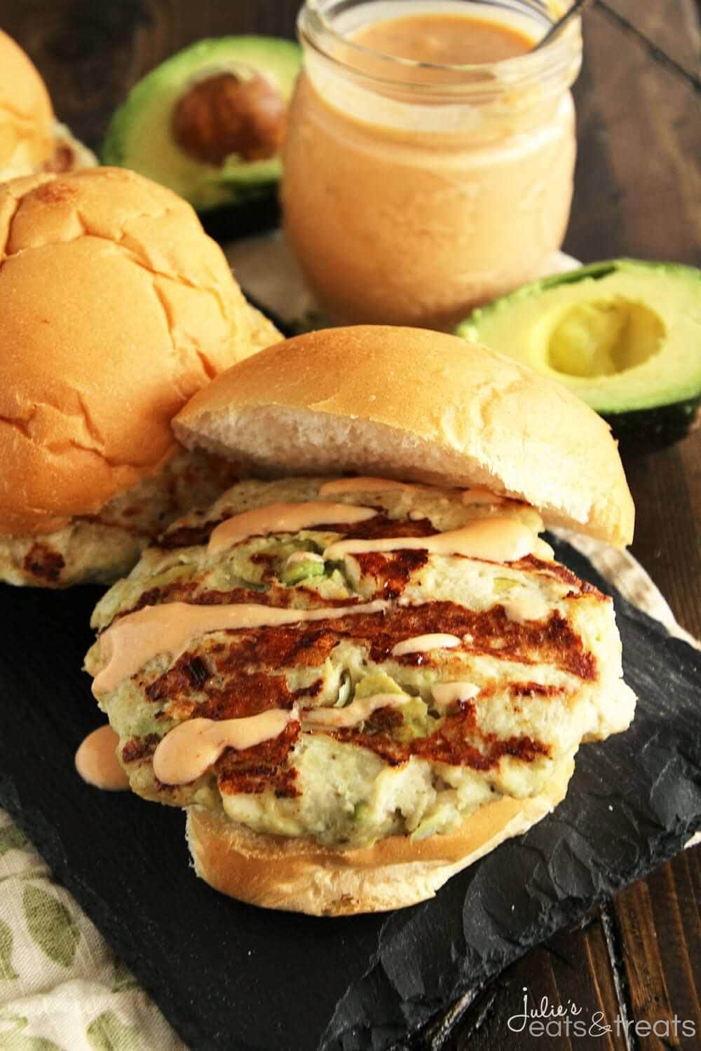 Chicken Avocado Burger with Chipotle Yogurt Sauce ~ Chicken Burger Stuffed with Avocado, Garlic, Feta Cheese and Drizzled with a Delicious Chipotle Yogurt Sauce!