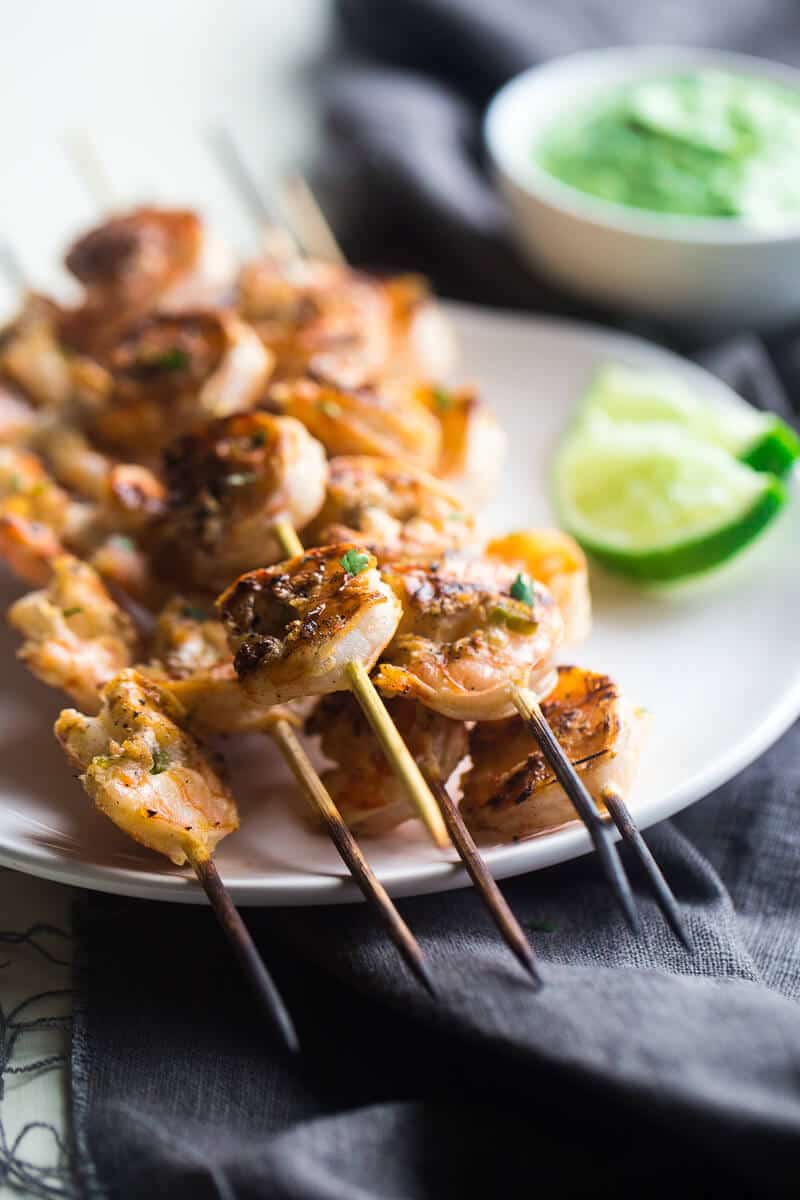 Cilantro Lime Grilled Shrimp with Avocado Cilantro Dip ~ Grilled shrimp are marinated in lime juice, honey and jalapeno pepper, then grilled for a quick and easy, healthy appetizer that's perfect for Summer!
