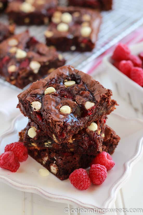 Raspberry White Chocolate Brownies - Fudgy brownies filled with white chocolate chips, raspberry jam, and fresh raspberries