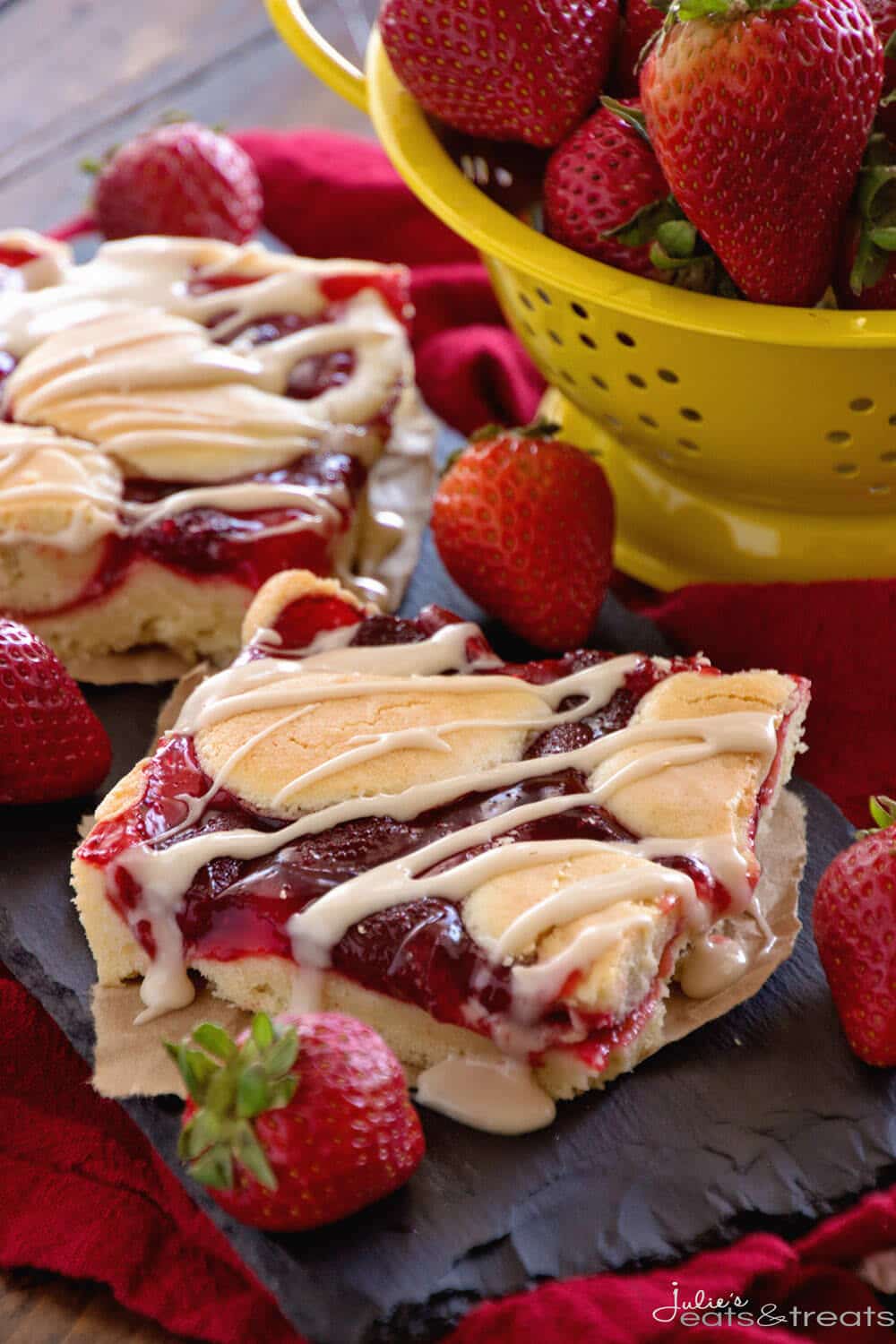 Strawberry Pie Bars ~ Quick and Easy Bars Stuffed with Strawberry Pie Filling in between a Soft and Delicious Almond Crust then Drizzled with Almond Icing!