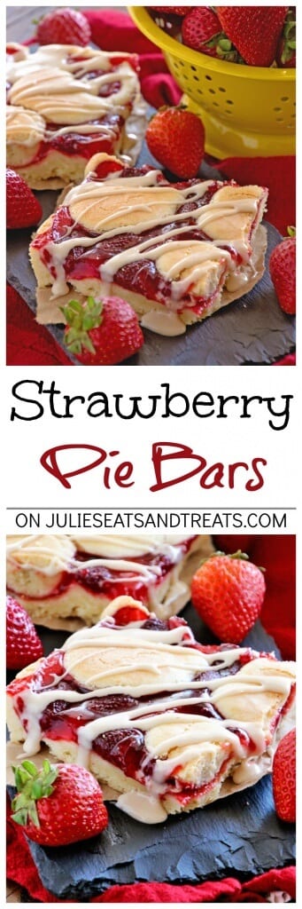 Strawberry Pie Bars ~ Quick and Easy Bars Stuffed with Strawberry Pie Filling in between a Soft and Delicious Almond Crust then Drizzled with Almond Icing!