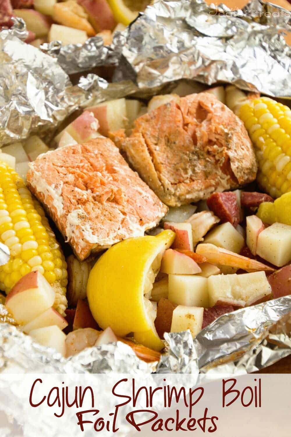 Cajun Shrimp Boil Foil Packets ~ Foil Packets Stuffed with Potatoes, Salmon, Shrimp, Summer Sausage, Corn and Seasoned with Cajun Seasoning! The Perfect Grilling Recipe!