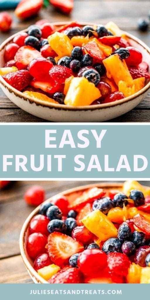 Collage with top image of fruit salad in a cream bowl, middle blue banner with white text reading easy fruit salad, and bottom image of fruit salad in a bowl