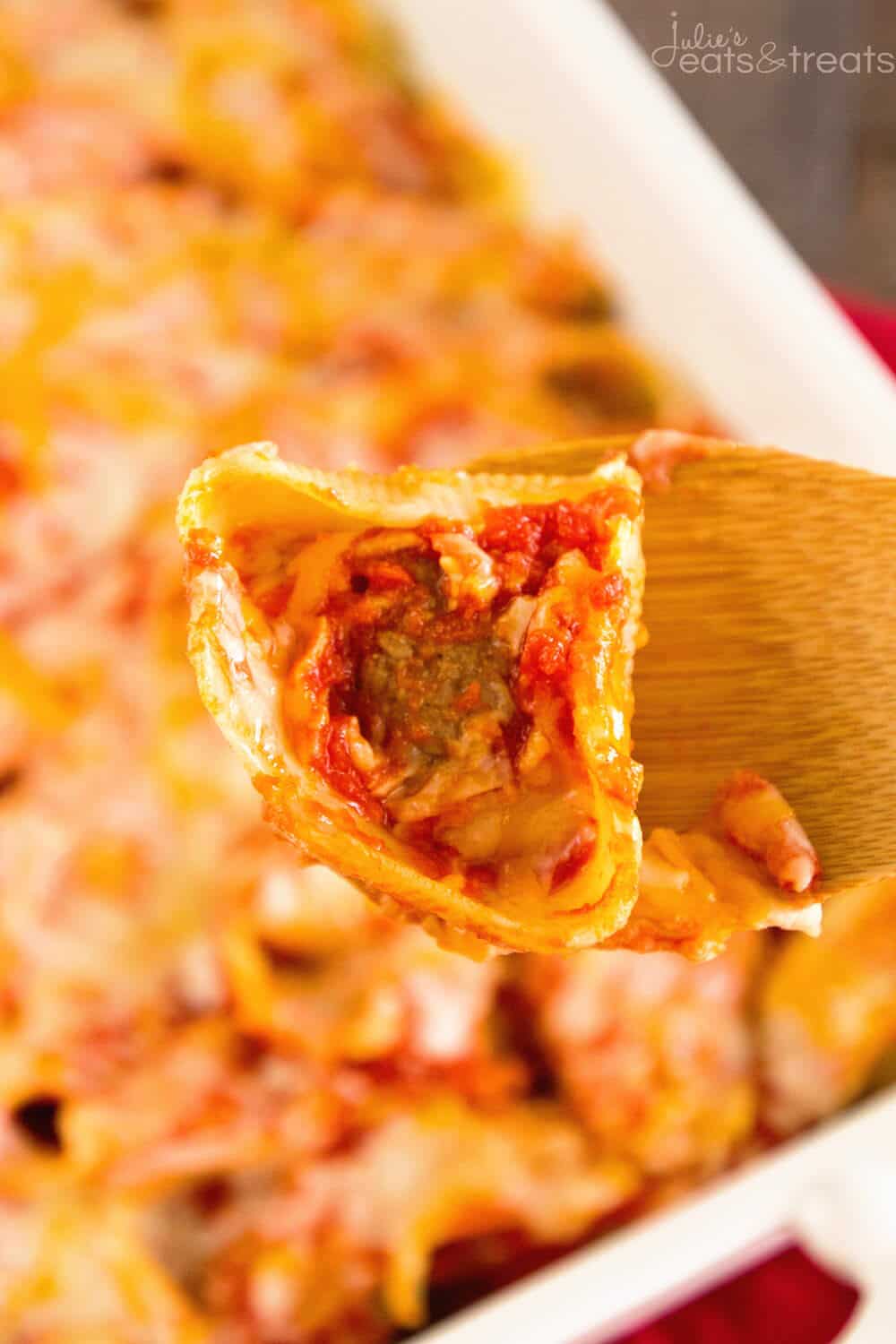 Easy Meatball Stuffed Shells ~ Quick, Easy Delicious Recipe! Shells Stuffed with Meatballs then Smothered in Spaghetti Sauce and Cheese!