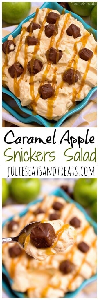 Caramel Apple Snickers Salad Recipe ~ Quick, Delicious, Fluffy Salad Recipe! Eat it for Dessert or a Side Dish! Loaded with Apples, Snickers and Drizzled with Caramel!