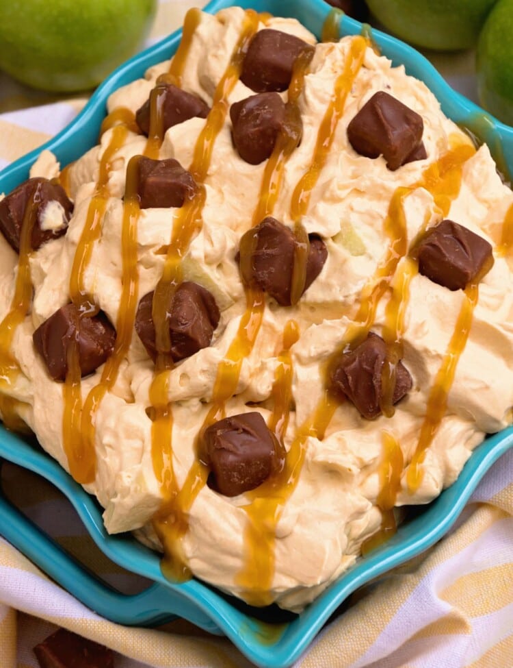 Caramel Apple Snickers Salad Recipe ~ Quick, Delicious, Fluffy Salad Recipe! Eat it for Dessert or a Side Dish! Loaded with Apples, Snickers and Drizzled with Caramel!