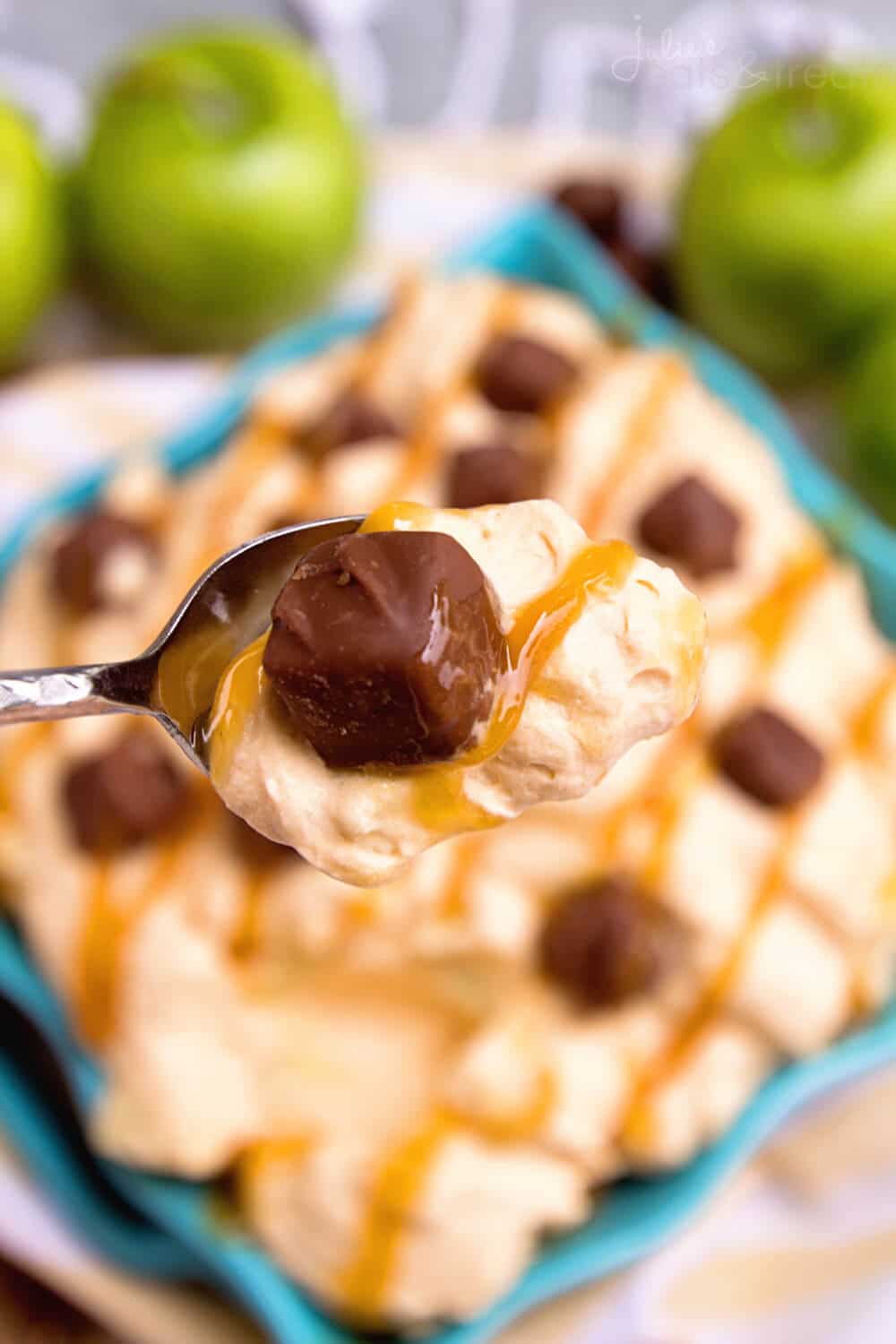 Caramel Apple Snickers Salad Recipe ~ Quick, Delicious, Fluffy Salad Recipe! Eat it for Dessert or a Side Dish! Loaded with Apples, Snickers and Drizzled with Caramel!