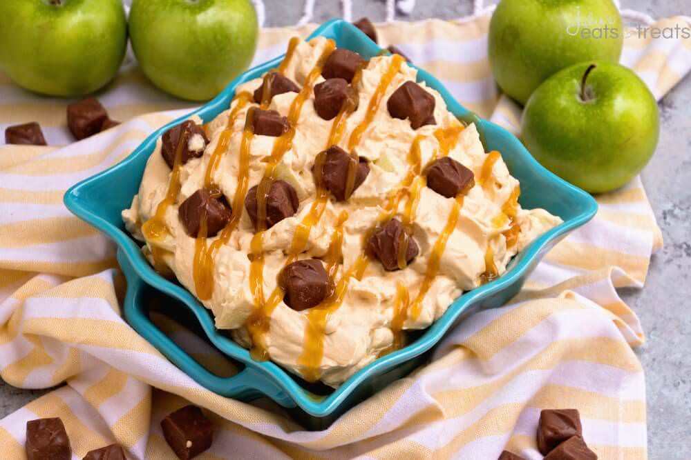 Caramel Apple Snickers Salad Recipe ~ Quick, Delicious, Fluffy Salad Recipe! Eat it for Dessert or a Side Dish! Loaded with Apples, Snickers and Drizzled with Caramel!