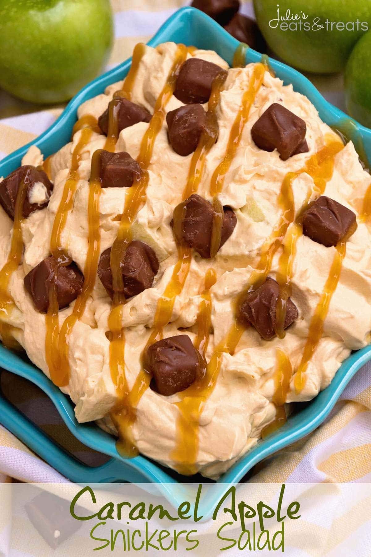 Caramel Apple Snickers Salad Recipe ~ Quick, Delicious, Fluffy Salad Recipe! Eat it for Dessert or a Side Dish! Loaded with Apples, Snickers and Drizzled with Caramel!