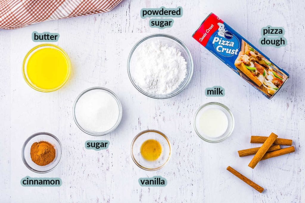 Ingredients including butter cinnamon pizza crust powdered sugar vanilla sugar milk