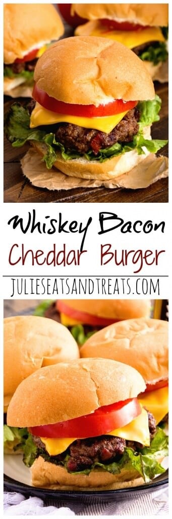 Whiskey Bacon Cheddar Burger ~ Plump, Juicy Burger with a Hint of Whiskey and Loaded with Bacon and Cheddar Cheese! The Perfect Burger Recipe for Grilling!