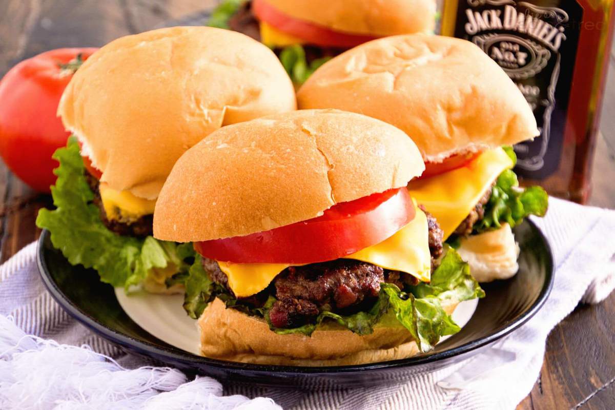 Whiskey Bacon Cheddar Burger ~ Plump, Juicy Burger with a Hint of Whiskey and Loaded with Bacon and Cheddar Cheese! The Perfect Burger Recipe for Grilling!