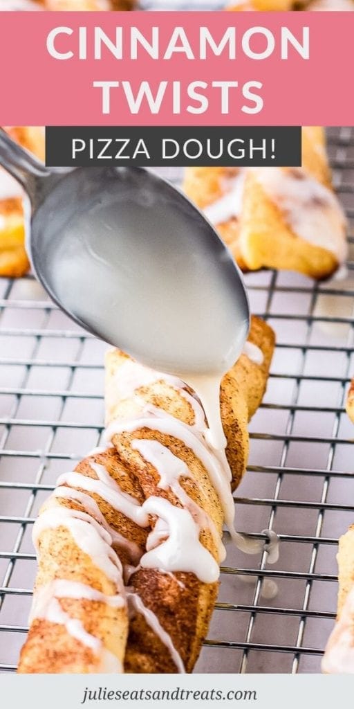 Cinnamon Twists on a cooling wrack being iced with a spoon