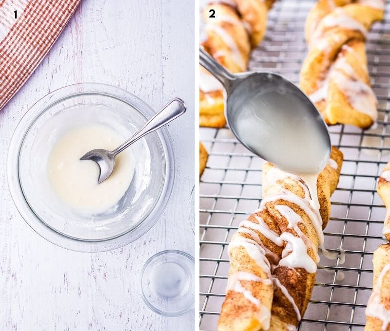 Two Image collage with icing in a bowl and drizzling on baked cinnamon twists