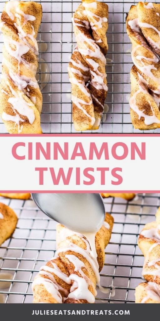 Pin Collage for Cinnamon Twists. Top image is an overhead shot of three cinnamon twists on a cooling wrap, bottom image is a close up of cinnamon twists being iced.