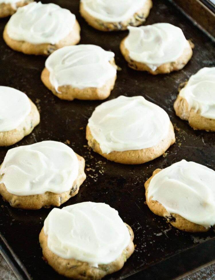 Zucchini Cookies with Cream Cheese Frosting Recipe ~ Soft, Delicious Cookies Stuffed with Zucchini and Raisins then Frosted with Cream Cheese Frosting!