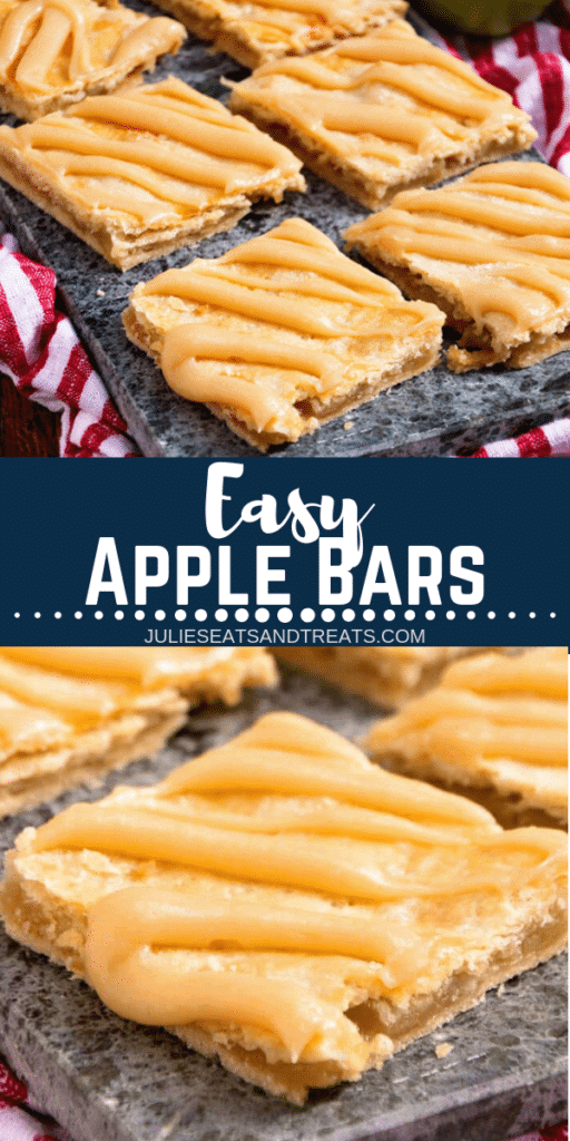 Collage with top image of prepared apple bars on a tray, middle banner with text reading easy apple bars, and bottom image up close of an apple bar with frosting