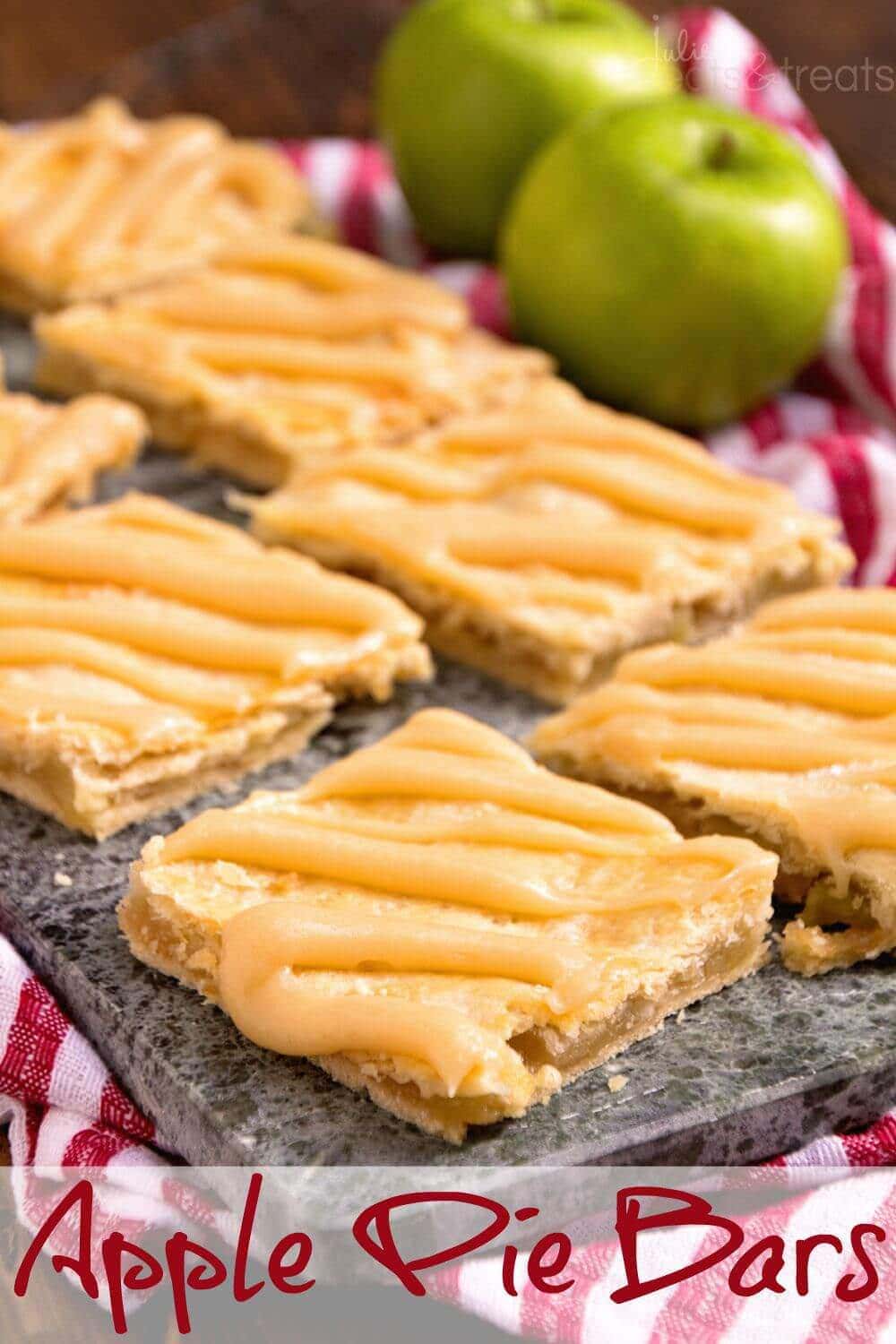 Apple Bars with Caramel Frosting ~ Soft, flaky crust stuffed with homemade apple pie filling and drizzled with caramel frosting!