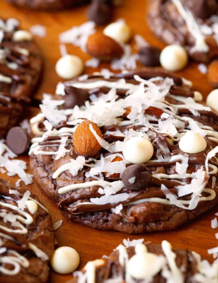 Almond Joy Cookies Recipe ~ Start with a box of Brownie Mix! The perfect mix of coconut, nuttiness and chocolate just like an Almond Joy Candy Bar!