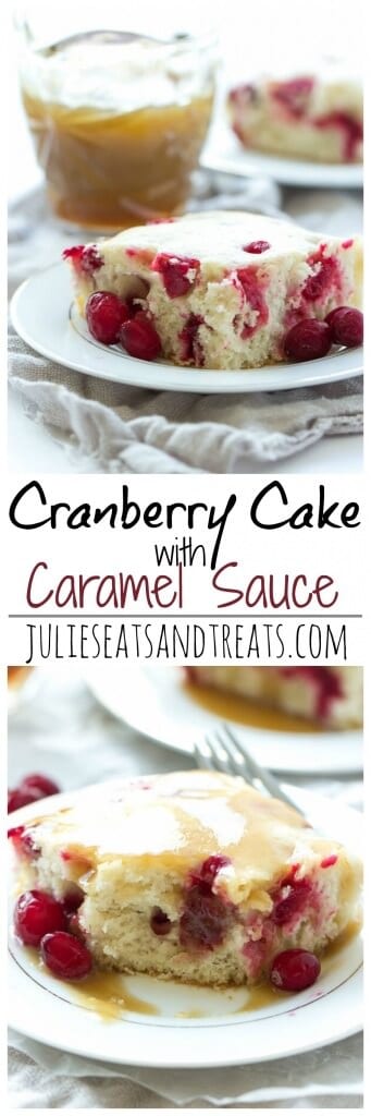 Cranberry Cake with Caramel Sauce Recipe ~ Moist vanilla cake filled with cranberries and covered in a warm caramel sauce! An elegant holiday dessert that is super easy!