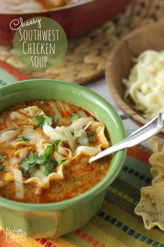 Cheesy Southwest Chicken Soup Recipe - Comforting soup filled with onions, peppers, black beans, corn, and finished off with a little cream to give it that extra little something!