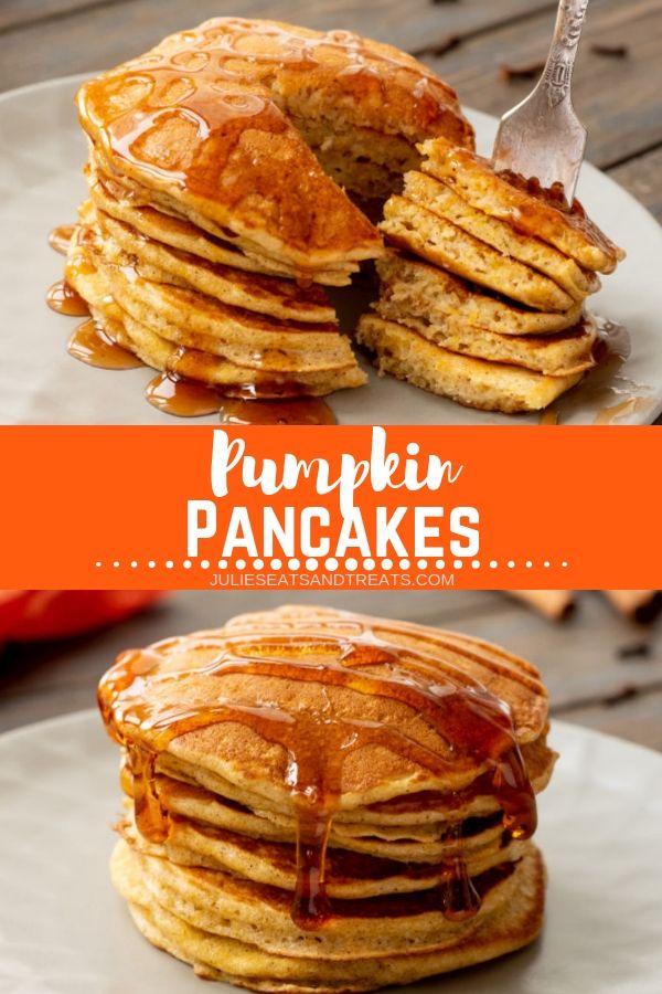 Collage with top image of a large bite of pancakes on a fork, middle banner with text reading pumpkin pancakes, and bottom image of a tall stack of pumpkin pancakes covered in syrup